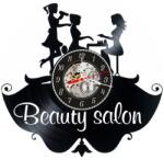  Ceas de perete decorativ realizat din disc de vinil, Model Beauty Salon, Coafura si Manichiura, Text Caligrafic, Cadran Skeleton, Negru, 30 cm