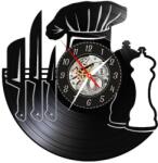  Ceas de perete din disc vinil, Tematică Chef / Bucătărie, Design cu Bonetă de Bucătar, Cuțite și Recipiente de Condimente, Negru