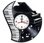  Ceas de perete decorativ realizat din disc de vinil, Model Pian cu Coada Claviatura Note Muzicale, Alb Negru, 30 cm