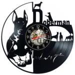  Ceas de perete decorativ realizat din disc de vinil, Model Caine Doberman Rasa Canina Protectie Animale, Negru, 30 cm