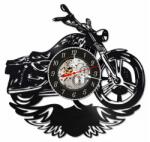  Ceas de perete decorativ realizat din disc de vinil, Model Motocicleta Chopper Biker, Flacari, Aripi Vultur, Cadran Skeleton, Negru, 30 cm