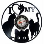  Ceas de perete decorativ realizat din disc de vinil, Model I Love My Cat, Pisici Silueta, Inima, Cadran Skeleton, Negru, 30 cm