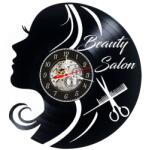  Ceas de perete decorativ realizat din disc de vinil, Model Beauty Salon, Profil Femeie, Foarfeca si Pieptene, Cadran Skeleton, Negru, 30 cm