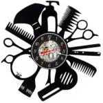  Ceas de perete decorativ realizat din disc de vinil, Model Salon Coafura si Frizerie, Foarfece, Piepteni si Uscator de Par, Negru Premium, 30 cm