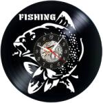  Ceas de perete decorativ "Fishing Passion", realizat din disc de vinil (Vinyl Record Clock), design tematic Pescuit cu Peste si Text, diametru 30 cm, Negru