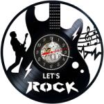  Ceas de perete decorativ realizat din disc de vinil, Model Chitara Electrica, Silueta Chitarist, Note Muzicale si Text Let's Rock, Negru, 30 cm