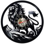  Ceas de perete decorativ realizat din disc de vinil, Model Leu pe Stanca Regele Junglei Regnul Animal, Negru, 30 cm
