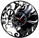  Ceas de perete decorativ realizat din disc de vinil, Model Beauty Salon, Profil Femeie, Ruj, Foarfeca, Uscator, Text Salon, Cadran Negru, 30 cm