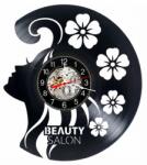  Ceas de perete decorativ realizat din disc de vinil, Model Beauty Salon Infrumusetare, Profil Feminin Flori, Negru, 30 cm