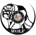  Ceas de perete decorativ realizat din disc de vinil, Model Lup Salbatic Alpha, Text WOLF, Stil Modern Tribal, Negru, 30 cm