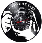  Ceas de perete decorativ realizat din disc de vinil, Model Fotografie Aparat Foto DSLR, Capture Life, Negru, 30 cm