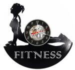  Ceas de perete decorativ realizat din disc de vinil, Model Yoga si Fitness, Silueta Femeie in Postura Cobra, Text Fitness, Negru Premium, 30 cm