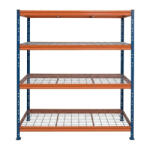 AR Shelving BULLRACK RIVET PRO nagy teherbírású állvány, 200×150×60 cm, 4 szint, acélrács polccal, 300 kg/polc, kék-narancs