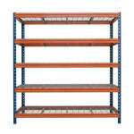 AR Shelving BULLRACK RIVET PRO nagy teherbírású állvány, 200×200×60 cm, 5 szint, acélrács polccal, 300 kg/polc, kék-narancs