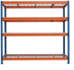 AR Shelving BULLRACK RIVET PRO nagy teherbírású állvány, 200×200×60 cm, 4 szint, acélrács polccal, 300 kg/polc, kék-narancs