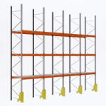 AR Racking Raklapos állvány alapmodul, 600×270×110 cm, 3 szint, 4 mező, acélrács polccal, ütközésvédelemmel, 1000 kg/raklap, horganyzott/narancs