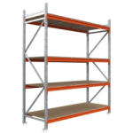 AR Racking Nagy fesztávú állvány alapmodul, 200×240×60 cm, 4 szint, forgácslap polccal, 590 kg/polc, horganyzott/narancs