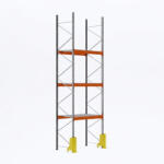 AR Racking Raklapos állvány alapmodul, 350×270×110 cm, 3 szint, 1 mező, acélrács polccal, ütközésvédelemmel, 1000 kg/raklap, horganyzott/narancs