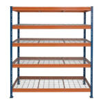AR Shelving BULLRACK RIVET PRO nagy teherbírású állvány, 200×150×60 cm, 5 szint, acélrács polccal, 300 kg/polc, kék-narancs