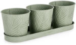 Bizzotto Set 3 ghivece decorative metal Bizzotto verde salvie, model frunze, cu tavă, 33x11x10, 6 cm