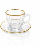 Efegil Set 6 cești cafea și ceai cu farfurioară Linda, sticlă transparentă cu decor auriu, Efegil