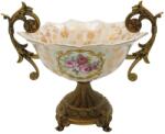 Eurolamp Fructieră decorativă din porțelan cu picior și mânere, bej-auriu floral, 24 cm, Eurolamp Castron