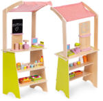 ECOTOYS Játék élelmiszerkészlet, ECOTOYS HM328234, fa, piaci stand gyümölcsökkel, zöldségekkel, 45 x 30, 5 x 93, 5 cm, 20 db tartozékkal, pénztárgéppel, terminállal, mérleggel, krétatáblával (TF4796)
