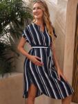 Shein Sötétkék Rövid Ujjú Kismama Ruha Csíkos Mintával Shein 36