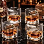  Set 4 pahare whiskey cu suport pentru trabuc, sticla transparenta, 260 ml, 10x7 cm (4218-4bucati) Pahar