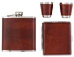  Rozsdamentes acél laposüvegszett - barna bőrborítással, cigarettatartóval és 2 pohárral, 6 oz (177 ml) (A-491200)