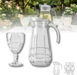 DELISOGA Set carafa inalta cu capac 1, 7 L si 6 pahare cu picior, sticla transparenta Delisoga, carafa cu maner, model caroiaj in relief, set 7 piese pentru apa, suc, limonada si vin, masa festiva (DSKB151E-L7 Pahar