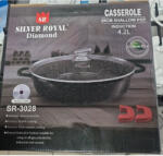 Silver Royal SR-3028 Márvány bevonatú lapos lábas, 28 cm átmérő, 4.2 Liter ürtartalom, Üveg hőálló tető, Fekete (SR-3028B)