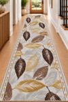 ZARRA Traversa ZARRA 01467, Model FRUNZE Imprimat, Tesatura Plata, Latime 1.5m, Marime 150 x 500 cm, Gri si Maro cu Accente Ocru, Festonata Surfilata Tivita, Antialergica, Polipropilena, Living, Dormito Covor