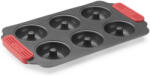 Lékué Non-Stick Doughnuts Mould tapadásmentes fánk sütőforma, 6db fánkhoz, acél, platina szilikon piros fogantyúk, szürke - 887284 (LK887284)