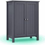 Timebox Dulap baie pe picioare Timebox 60 cm, 2 Usi cu design lambriu, 2 Rafturi reglabile pe 3 niveluri, Din MDF, Sistem anti-inclinare, Maner argintiu, Ideal pentru baie si hol, Spatiu de depozitare compact