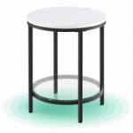 Timebox Masa de cafea Timebox 45x55 cm, Rotunda, Cadru metalic din otel negru, Blat alb aspect marmura, Raft din sticla securizata, Masa laterala pentru canapea, Noptiera dormitor, Picioare reglabile, Stil mi