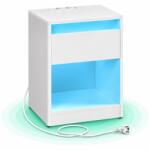 Timebox Noptiera Timebox 35x40x55 cm, Iluminare LED reglabila, 25 culori, Telecomanda inclusa, 2 sertare spatioase, Raft deschis, Blat din MDF si PAL, Picioare reglabile, Stil modern pentru dormitor, Alb luci