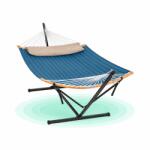 Timebox Hamac cu suport metalic Timebox, Cadru metalic 400x100x90 cm, Suprafata captusita, Perna inclusa, Inaltime reglabila, Capacitate 200 kg, Pentru gradina terasa si camping, Geanta de depozitare inclusa,