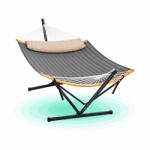 Timebox Hamac cu suport metalic Timebox, Capacitate 200 kg, Cadru reglabil 400x100x90 cm, Suprafata captusita 200x140 cm, Perna inclusa, Montaj fara scule, Pentru 2 persoane, Gradina si camping, Geanta de tra