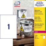 Avery-Zweckform No. L4775-100 fehér színű 210 x 297 mm méretű, lézernyomtatóval nyomtatható, öntapadós időjárásálló etikett címke, erős, tartós ragasztóval A4-es íven - kiszerelés: 100 címke / 100 ív