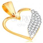 Ekszer Eshop Kétszínű medál 14K aranyból - szív körvonal, széles hullám átlátszó cirkóniákból