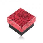 Ekszer Eshop Ajándékdoboz gyűrűre vagy fülbevalóra, rózsa minta, fekete - piros kombináció