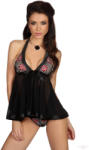Beauty Night Honeymoon 2 részes hímzett fekete babydoll szett S/M