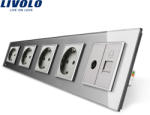 LIVOLO Priza cvintupla + priza TV Internet Livolo cu rama din sticla - culoare gri