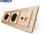 LIVOLO Priza tripla Livolo cu rama din sticla 2 prize simple+TV/internet - culoare auriu