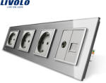 LIVOLO Priza cvadrupla Livolo cu rama din sticla 3 prize simple+TV/internet - culoare gri