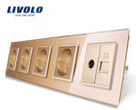 LIVOLO Priza cvintupla + priza TV Internet Livolo cu rama din sticla - culoare auriu