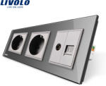 LIVOLO Priza tripla Livolo cu rama din sticla 2 prize simple+TV/internet - culoare gri