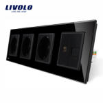 LIVOLO Priza cvadrupla Livolo cu rama din sticla 3 prize simple+TV/internet - culoare negru