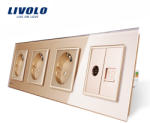 LIVOLO Priza cvadrupla Livolo cu rama din sticla 3 prize simple+TV/internet - culoare auriu